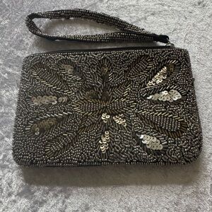 Vintage Black Beaded Evening Clutch | Hand Beaded Floral Design | Wristlet
